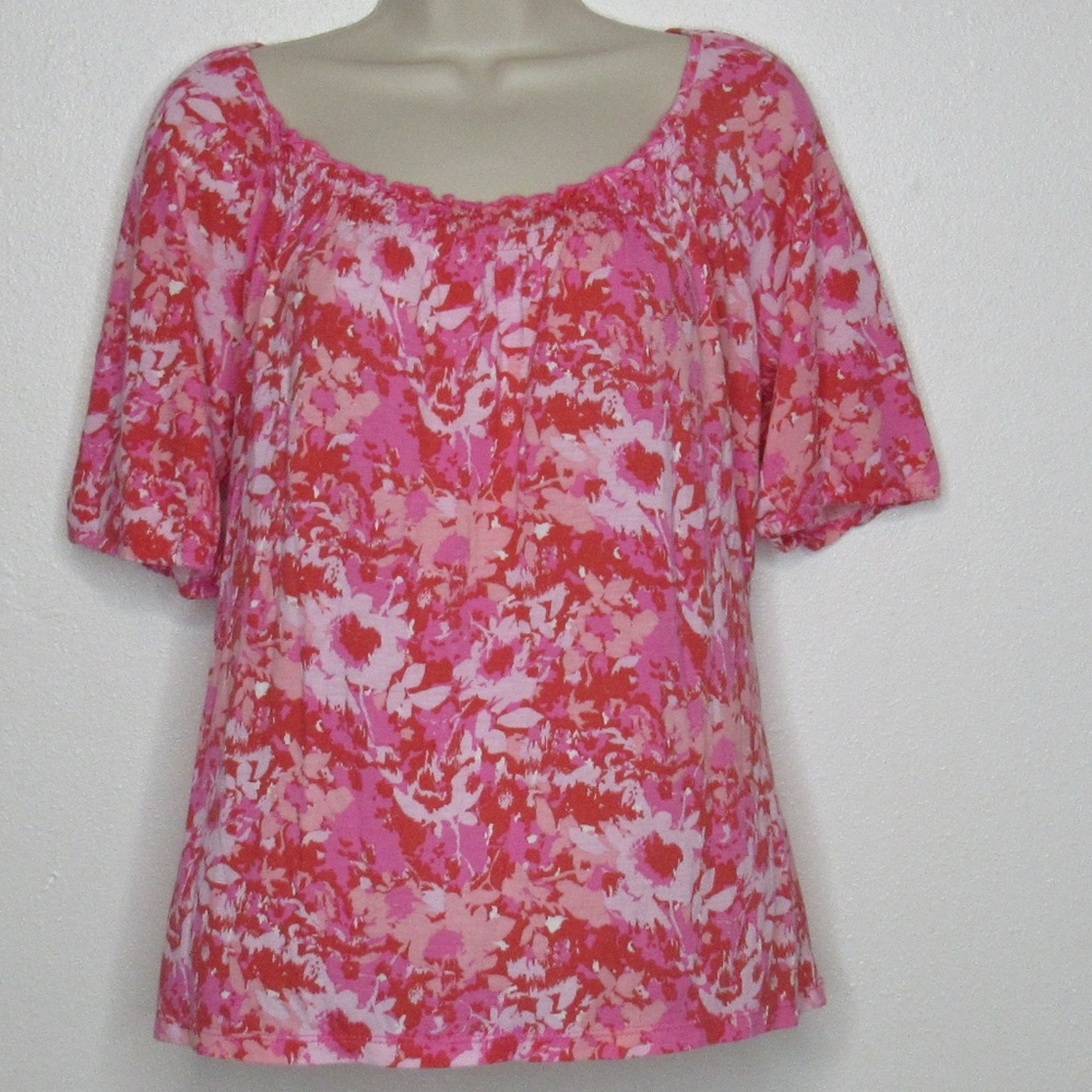 Liz & Co. Women's Petite Boho Top Pink Red White